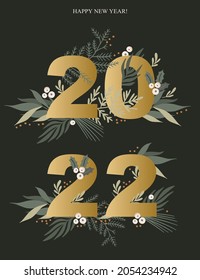 Christmas Greeting Cards with botanical winter elements and numbers. Merry holidays. Template for New 2022 Year, gift tag, calendar, Scrapbooking, Stickers, Planner, Invitations.