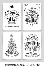 Christmas greeting cards bundle in black isolated on white background. A unique set of hand lettered holiday cards or posters for printing and design 