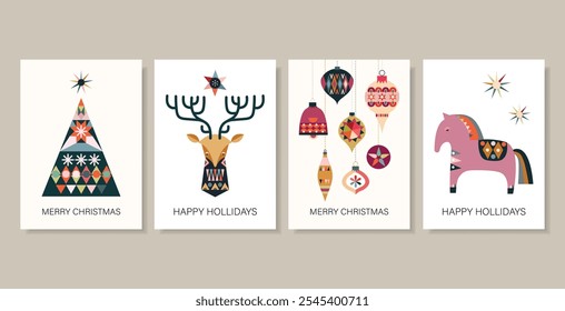 Navidades Tarjetas de felicitación colección, carteles abstractos con Elementos de temporada en diseño plano, Vector