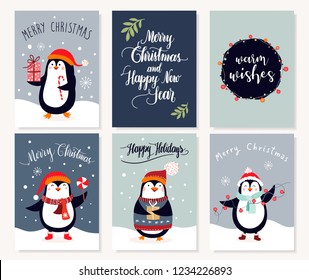 Christmas greeting cards collection with cute penguins and hand lettering