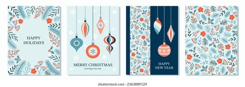Christmas greeting cards collection. Holiday design with hand drawn baubles and winter floral elements. Seamless pattern.