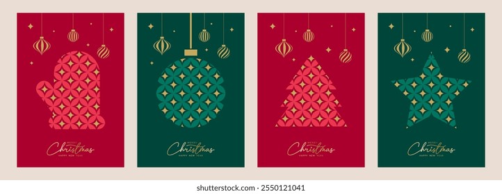 Christmas greeting cards concept. Stylish Merry Christmas and New Year modern abstract icons. Christmas tree, ball and mittens luxury design template. Geometric vector illustration set.