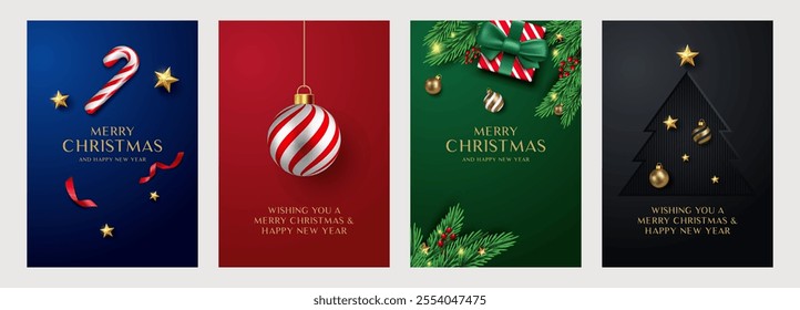 Christmas greeting cards concept. Stylish Merry Christmas and New Year modern abstract icons. Realistic Christmas tree, ball and mittens luxury design template. Vector illustration set.