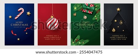 Christmas greeting cards concept. Stylish Merry Christmas and New Year modern abstract icons. Realistic Christmas tree, ball and mittens luxury design template. Vector illustration set.