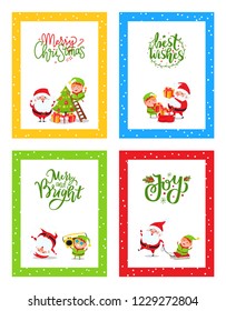 Christmas greeting cards cute decorated with Santa. Vector New Year cartoon characters isolated. Merry and Bright wishes from Father Frost and Elf