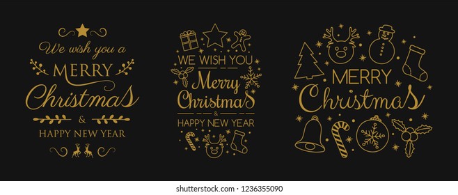 Christmas greeting cards with decorations and wishes - collection. Vector.