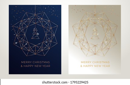 Christmas greeting cards design with stylized christmas wreath, christmas tree and snowflakes decoration. Elegant vector gold line art illustration on golden and dark blue backgrounds