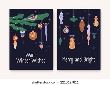 Christmas greeting cards designs. Retro postcards templates with vintage ornaments, Xmas holiday baubles, tree decoration, festive New Year figures on vertical backgrounds. Flat vector illustrations