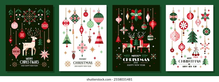 Christmas greeting cards with festive ornaments and patterns. Vector illustration