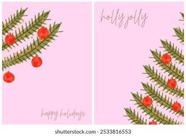 Christmas Greeting Cards With Fir Branches And Red Baubles. Christmas Tree on a Pastel Pink Background. Cute Hand Drawn Xmas Illustration. Holly Jolly. Infantile Drawing-like Christmas Cards. RGB.