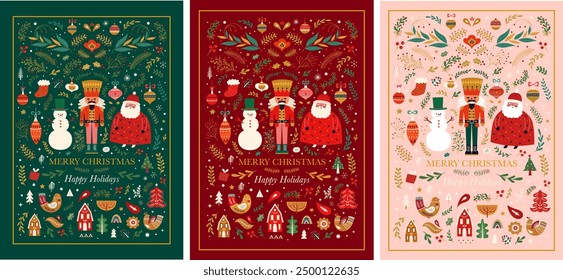 Christmas greeting cards with funny Santa Claus, nutcracker and snowman. Christmas illustration in Scandinavian style with traditional Christmas and New Year elements