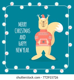 Christmas greeting cards with a funny squirrel. Vector illustration
