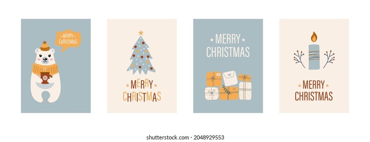Christmas greeting cards with gift boxes, christmas tree, cute polar bear, candle and plants. Modern vector illustration