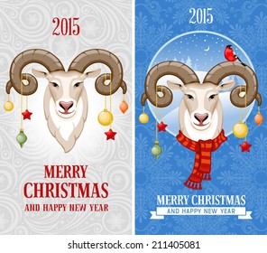 Christmas greeting cards with goat, symbol of year 2015.