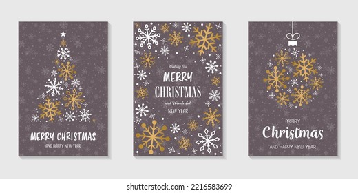 Christmas greeting cards with golden snowflakes - set. Vector illustration