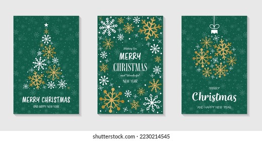 Christmas greeting cards with golden snowflakes - set. Vector illustration