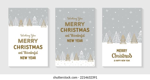 Christmas greeting cards with golden trees - set. Vector illustration