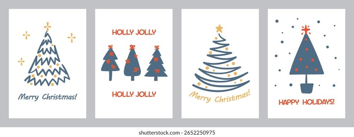 Christmas greeting cards. Hand drawn Merry Christmas, Holly Jolly and Happy winter Holidays posters with doodle xmas tree. Festive greetings messages vector illustration set.