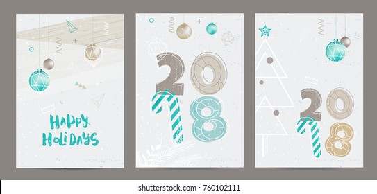 Christmas Greeting Cards with handdrawn lettering and numbers 2018. Golden, beige and turquose colors. Geometric trendy design greeting card in memphis, art deco outline style. Vector illust