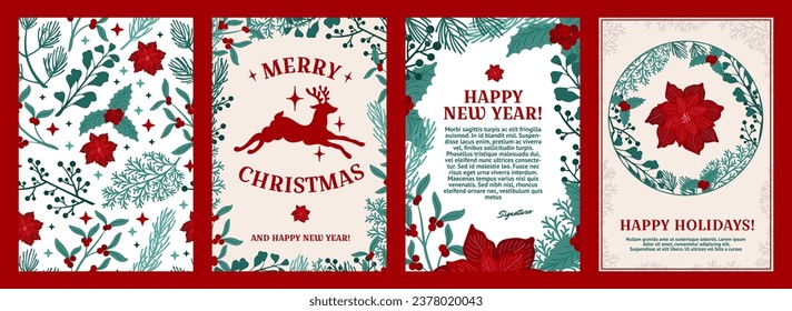 Christmas greeting cards. Holiday botanical border. Merry Xmas pattern. Poinsettia and mistletoe branches. Holly wreath frame. Red reindeer. Winter celebration postcards set. Vector design templates