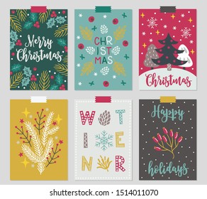 Christmas greeting cards with holly berry, fir branch, snow, snowflake, tree, star, cone in Green, Mint, Red, Gold, Brown and White. Perfect for winter holidays and New Year greetings