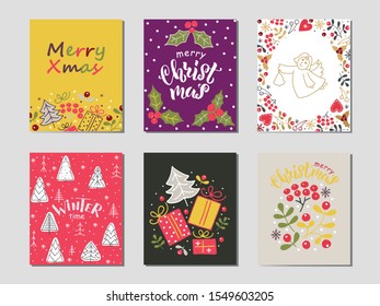 Christmas greeting cards with holly berry, snowflake, tree, gift box in red, gold, purple, grey, green and white colors. Merry Christmas and Winter time hand lettering. Vector illustration EPS10