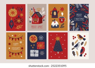 Navidades tarjetas de felicitación con casa, bolas, chucherías, pastel, flores, ramas de abeto, guirnaldas, copos de nieve, pájaros, árbol en rojo, oro, azul y blanco. Perfecto para la decoración navideña. Ilustración vectorial