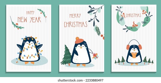 Christmas greeting cards or invitation with wreath, penguins and hand written text Merry Christmas. Pine wreath. Decorative element.