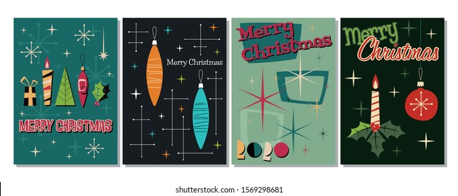 Christmas Greeting Cards, Mid Century Modern Postcard Style, Retro Colors and Shapes from the 1950s, Candle, Holly, Christmas Decorations, Snowflakes and Stars 
