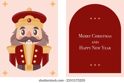 Christmas greeting cards with nutcracker figure and Merry Christmas and Happy New Year text. Vintage color palette, festive red and yellow.