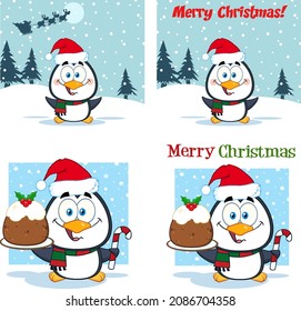 Christmas Greeting Cards With Penguin Cartoon Character. Vector Hand Drawn Collection Set With Background And Text