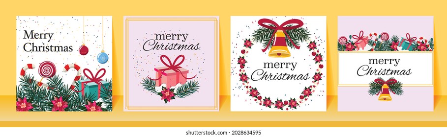 Weihnachtsgrußkarten mit Kiefernästen, Süßigkeiten, Glocken und Geschenkdosen. Wintersaisonvorlage. Für Banner, Karten, Einladungen, Broschüren. 