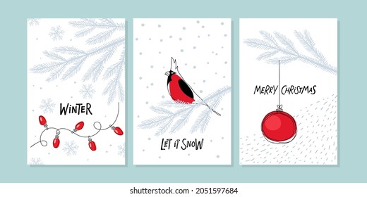 Christmas greeting cards or posters with garland bulbs, spruce branch, with cardinal bird and Christmas tree ball on snowflakes backgrounds and inscriptions. Vector New year, Christmas, winter symbol.