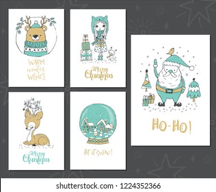 Christmas greeting cards with Santa Claus, a little girl and a cute dog, bear portrait, cute deer and snow globe Lettering text. 