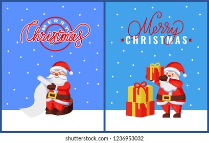 Christmas greeting cards with Santa Claus and gifts. Vector character of Jack Frost fold up holiday presents. Fairytale hero sitting with wishlist