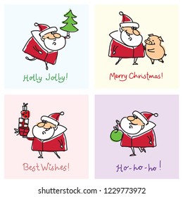Christmas greeting cards with Santa Clauses and symbol of the year cute pig, gifts, presents and banners and greeting quotes