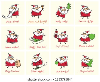 Christmas greeting cards with Santa Clauses and symbol of the year cute pig, gifts, presents and banners and greeting quotes