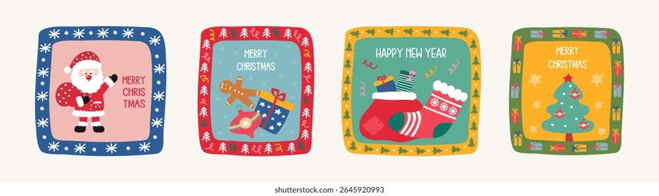Christmas greeting cards with Santa, gifts and gingerbread man in retro design. New Year holiday wishes. Vector.