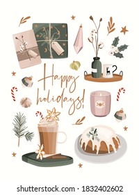 Christmas Greeting Cards with Scandinavian winter elements. Merry holidays. Template for New 2021 Year, gift tag, calendar, Scrapbooking, Stickers, Planner, Invitations.