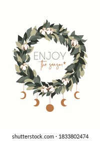 Christmas Greeting Cards with Scandinavian winter wreath. Merry holidays. Template for New 2021 Year, gift tag, calendar, Scrapbooking, Stickers, Planner, Invitations.