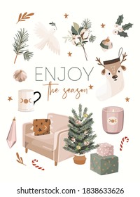 Christmas Greeting Cards with Scandinavian winter elements. Merry holidays. Template for New 2021 Year, gift tag, calendar, Scrapbooking, Stickers, Planner, Invitations.