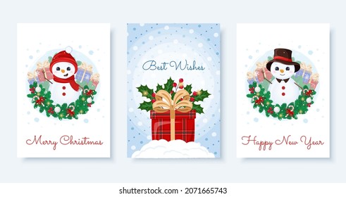 Christmas greeting cards set with cute characters snowmen, gift box, toys. Merry Christmas, Happy New Year, best wishes.
