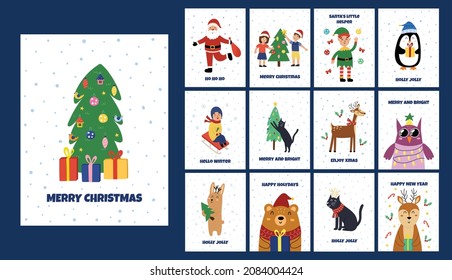 Christmas greeting cards set with cute winter animals, kids, Santa Claus. Christmas holiday tags bundle. Festive postcards collection. Vector illustration