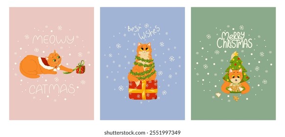 Christmas greeting cards set. Cute funny ginger cats characters with hand drawn lettering, snowflakes frame. Vector illustration design templates for Merry Christmas and Happy New Year congratulation