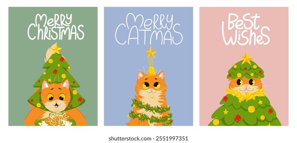 Christmas greeting cards set. Cute funny cats characters with hand drawn lettering. Vector illustration design templates for Merry Christmas and Happy New Year congratulations