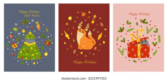 Christmas greeting cards set. Cute funny cats characters. Happy holidays, best wishes text. Vector illustration templates design for Merry Christmas and Happy New Year congratulations