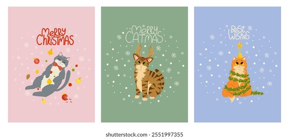 Christmas greeting cards set. Cute funny cats characters with hand drawn lettering, snowflakes frame. Vector illustration design templates for Merry Christmas and Happy New Year congratulations