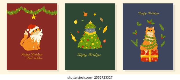 Christmas greeting cards set. Cute funny cats characters. Happy holidays, best wishes text. Vector illustration templates design for Merry Christmas and Happy New Year congratulations