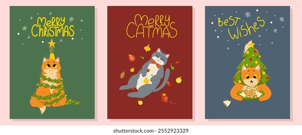 Christmas greeting cards set. Cute funny cats characters with hand drawn lettering. Vector illustration templates design for Merry Christmas and Happy New Year congratulations