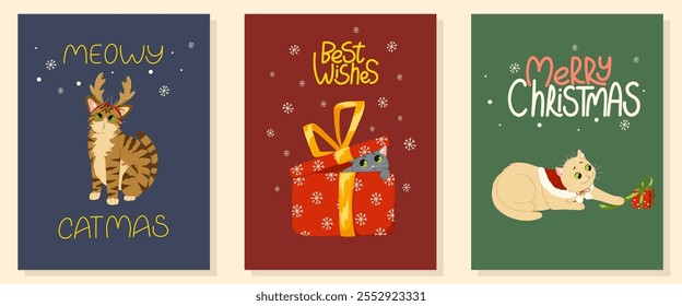 Christmas greeting cards set with cute funny cats characters with hand drawn lettering. Vector illustration templates design for Merry Christmas and Happy New Year congratulations